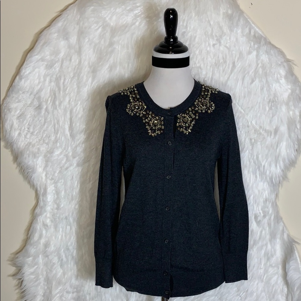 Loft Gray Beaded Button Down Cardigan